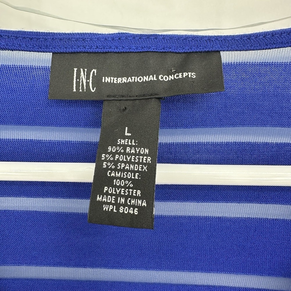INC Women's Blue Sheer Stripe Cowl Neck Top L Elegant Office Chic Minimalist - Picture 3 of 9